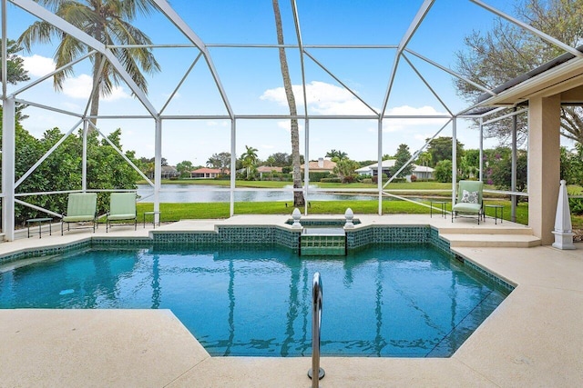 view of pool with a lanai, a water view, and a patio