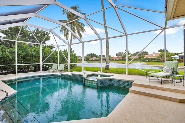 view of pool with glass enclosure, an in ground hot tub, a water view, and a patio