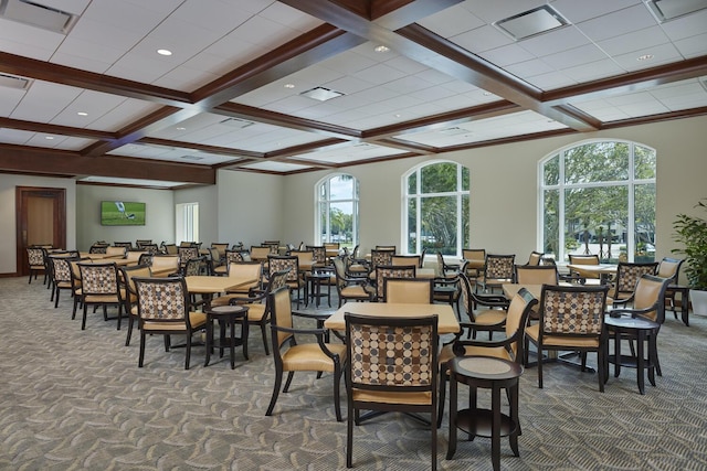 dining room with carpet flooring, coffered ceiling, and beamed ceiling