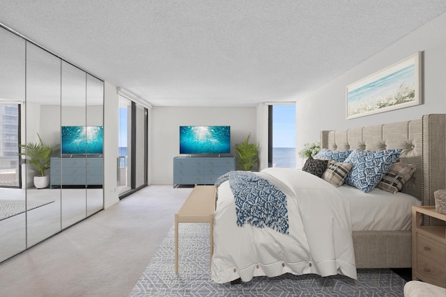 bedroom featuring a textured ceiling, access to exterior, expansive windows, and carpet flooring