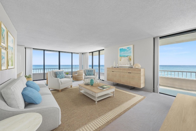 living room featuring a textured ceiling, a wealth of natural light, and a water view