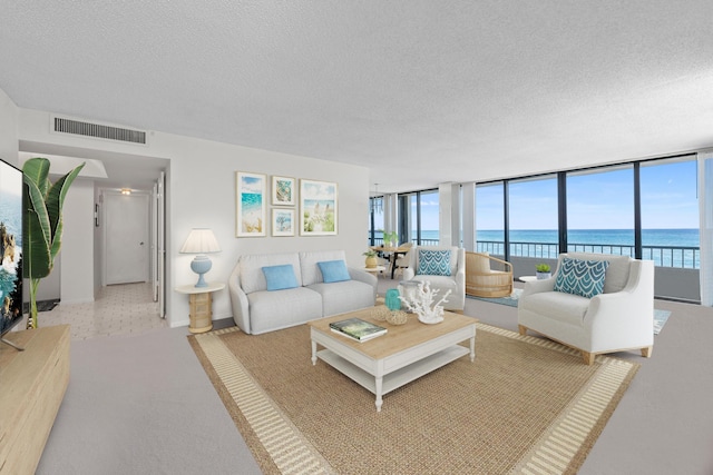 carpeted living room featuring a textured ceiling and a water view