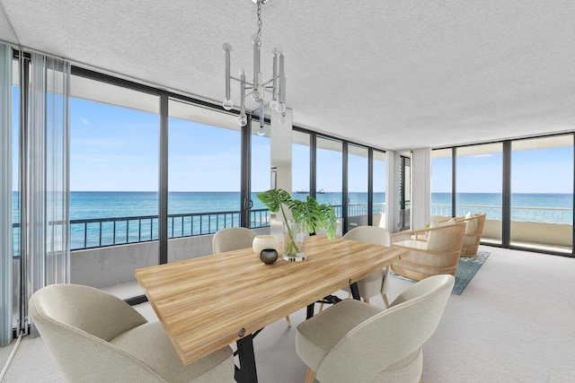 sunroom / solarium with a water view, an inviting chandelier, and plenty of natural light