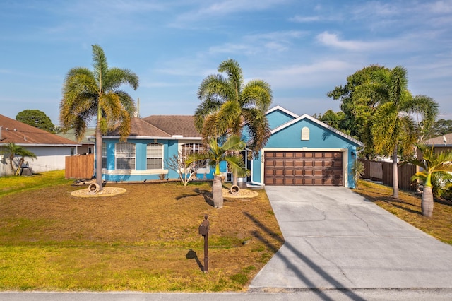 ranch-style home featuring a front yard and a garage