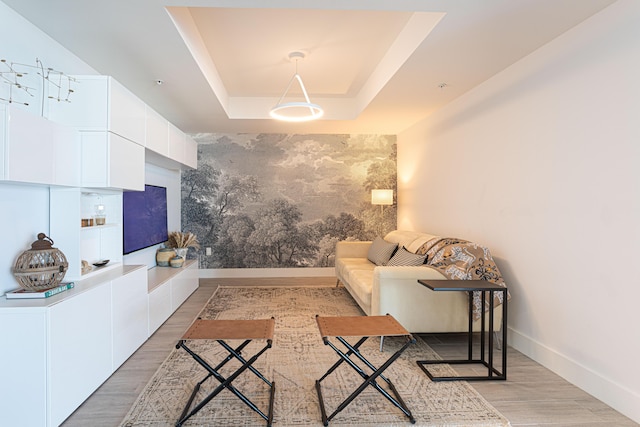 living room with light hardwood / wood-style flooring and a raised ceiling