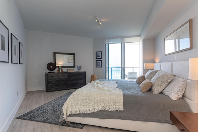 bedroom with light hardwood / wood-style floors, track lighting, and expansive windows