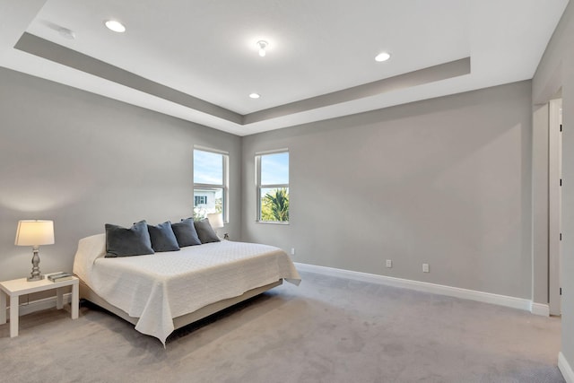 carpeted bedroom with a tray ceiling