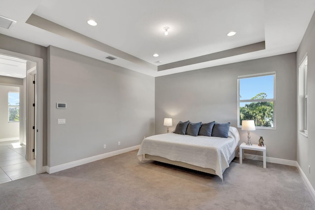 bedroom featuring light carpet and a raised ceiling