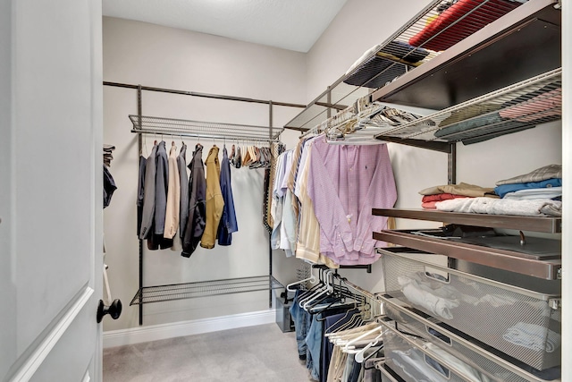 walk in closet with light colored carpet