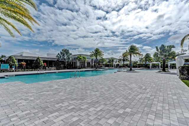 view of swimming pool featuring a patio area