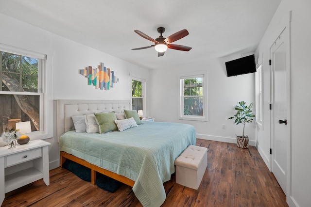 bedroom featuring ceiling fan and dark hardwood / wood-style floors