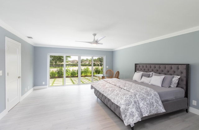 bedroom with access to exterior, ceiling fan, crown molding, and light hardwood / wood-style floors