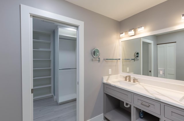 bathroom with hardwood / wood-style floors and vanity