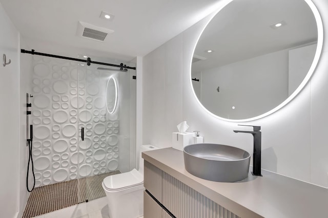 3456 S Ocean Blvd Unit 2060, Palm Beach, FL 33480 - bathroom featuring toilet, a stall shower, vanity, recessed lighting, and tile patterned floors