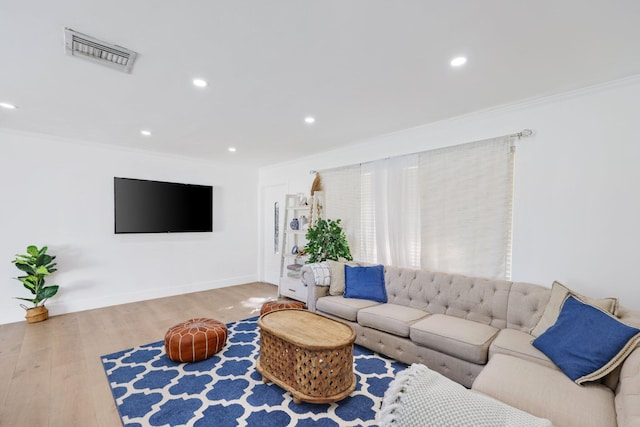 living room featuring light hardwood / wood-style floors and crown molding