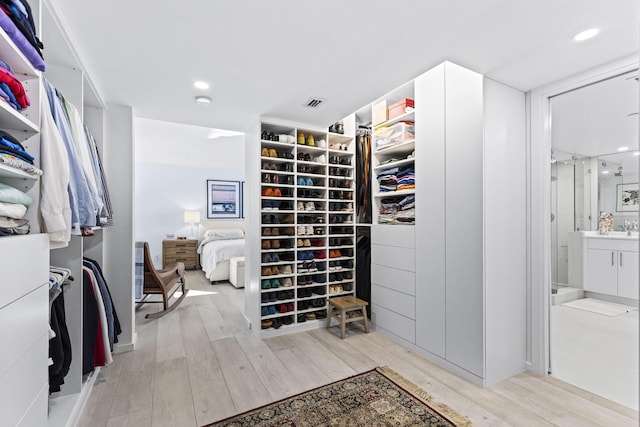 walk in closet with sink and light hardwood / wood-style flooring