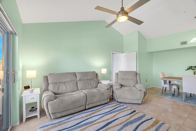 living room with ceiling fan and lofted ceiling