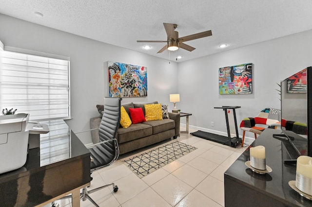 5650 Parkwalk Cir E, Boynton Beach, FL 33472 - living room with recessed lighting, light tile patterned floors, baseboards, a textured ceiling, and ceiling fan