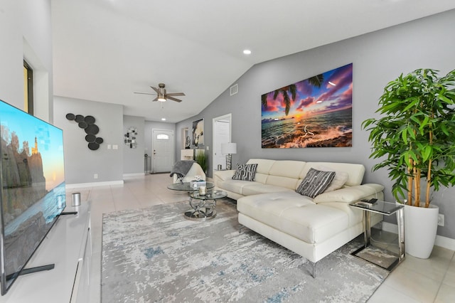 5650 Parkwalk Cir E, Boynton Beach, FL 33472 - tiled living area featuring visible vents, baseboards, ceiling fan, recessed lighting, and vaulted ceiling
