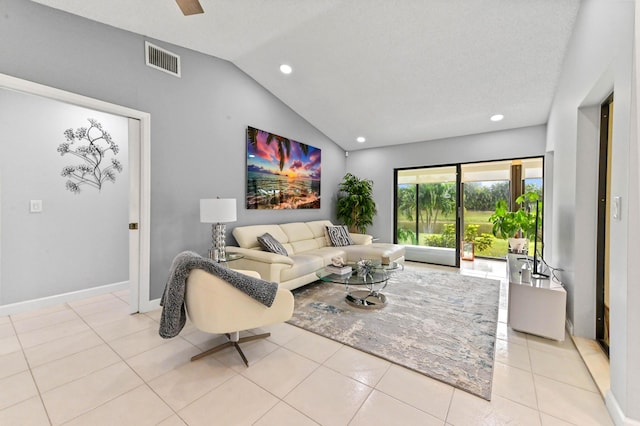 5650 Parkwalk Cir E, Boynton Beach, FL 33472 - living room featuring vaulted ceiling, recessed lighting, baseboards, tile patterned floors, and visible vents