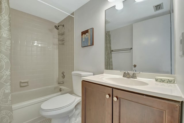 full bathroom with toilet, vanity, and shower / bath combination with curtain