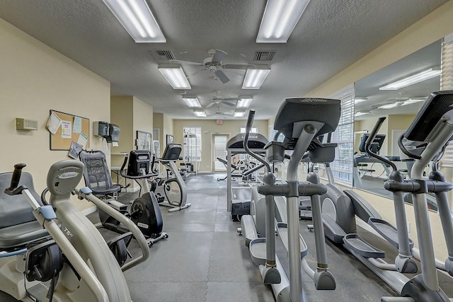 gym with a ceiling fan, visible vents, and a textured ceiling