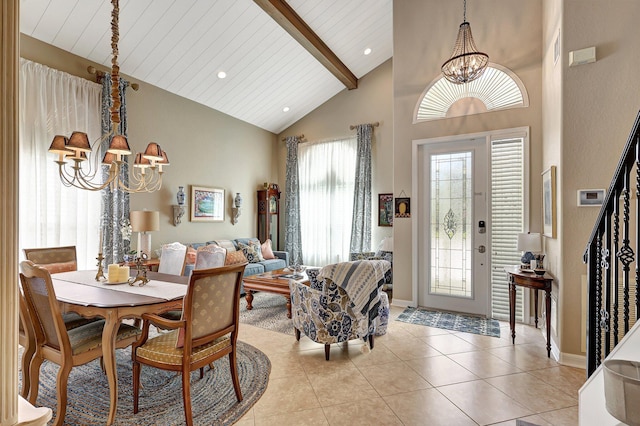 dining room with beam ceiling, a notable chandelier, high vaulted ceiling, recessed lighting, and light tile patterned floors