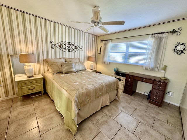 tiled bedroom featuring ceiling fan