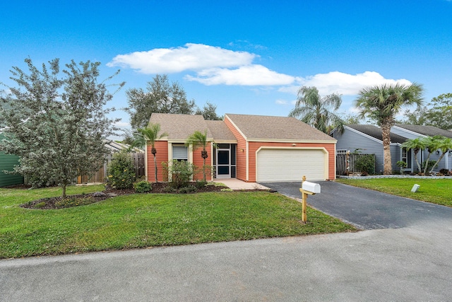 ranch-style house featuring a front lawn and a garage