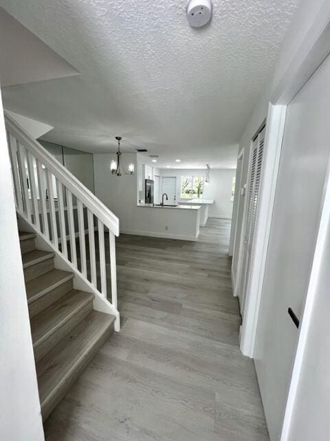 interior space featuring sink, wood-type flooring, a textured ceiling, and an inviting chandelier