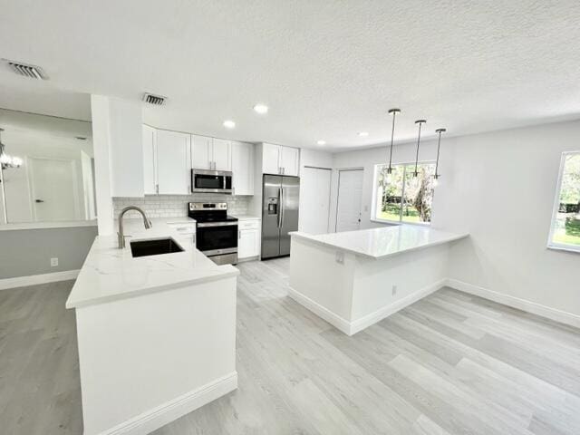 kitchen featuring kitchen peninsula, stainless steel appliances, sink, white cabinets, and hanging light fixtures