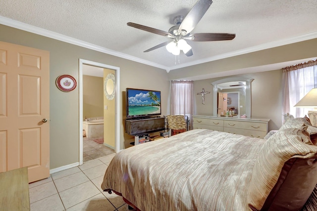 tiled bedroom featuring crown molding, connected bathroom, ceiling fan, and a textured ceiling