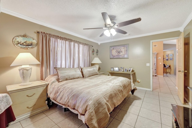 bedroom with light tile patterned floors, crown molding, and a textured ceiling