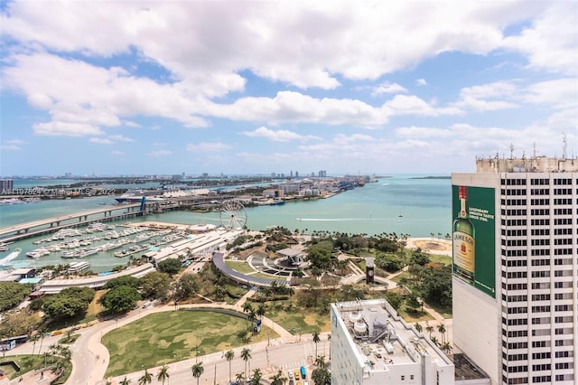 birds eye view of property featuring a water view