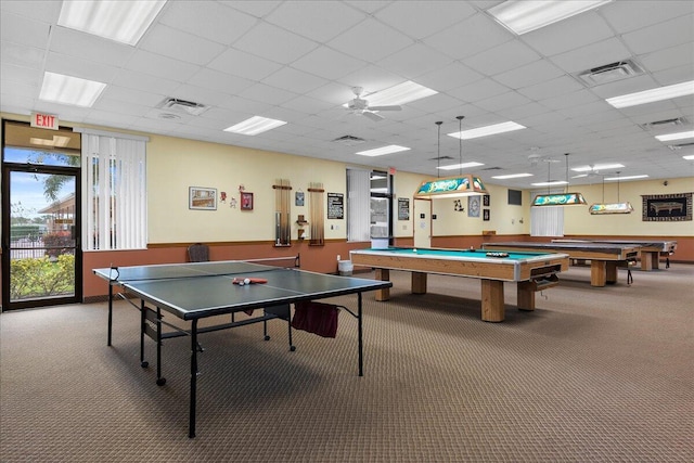 recreation room with carpet floors, a drop ceiling, billiards, and visible vents