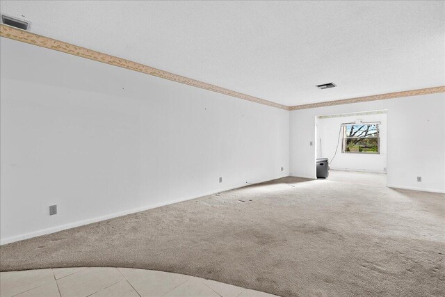 living room featuring a textured ceiling and light carpet