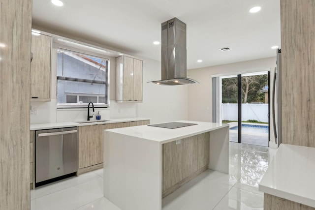 kitchen with a center island, stainless steel dishwasher, sink, island exhaust hood, and light tile patterned floors