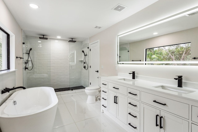 full bathroom with toilet, separate shower and tub, and vanity