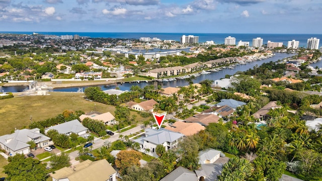 bird's eye view with a water view