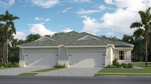 single story home featuring a garage and a front lawn