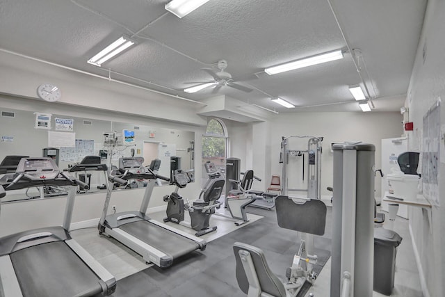 exercise room featuring ceiling fan and a textured ceiling