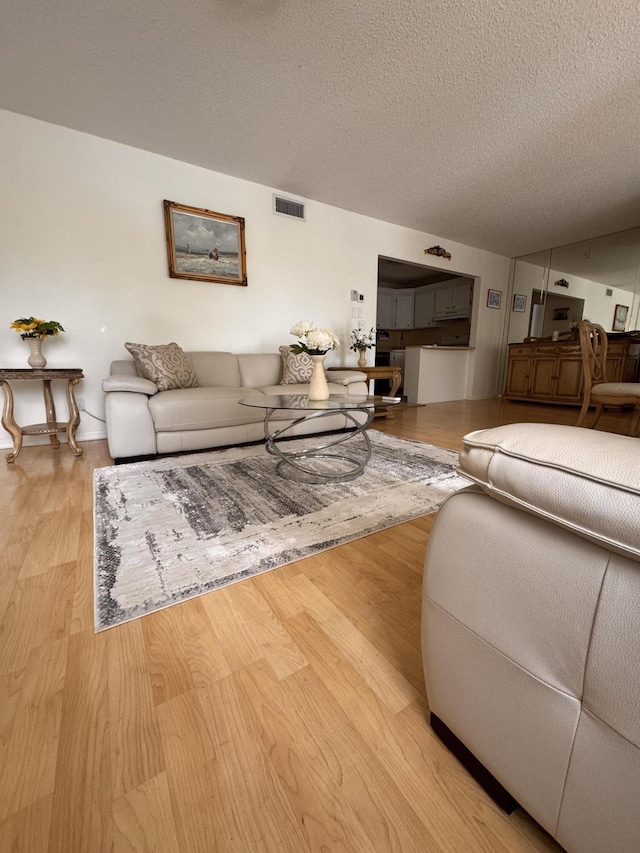 living room featuring a textured ceiling and dark hardwood / wood-style flooring