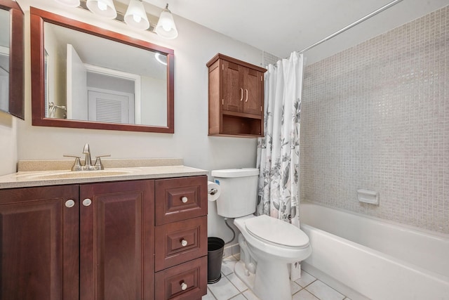 full bathroom featuring tile patterned flooring, shower / bath combo, vanity, and toilet