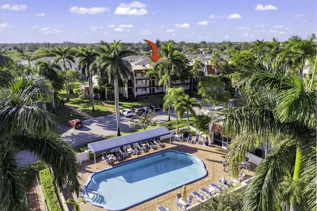 view of swimming pool with a patio area