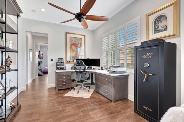 office area with ceiling fan and dark hardwood / wood-style flooring