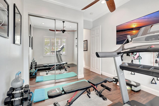 exercise room with ceiling fan, hardwood / wood-style floors, and ornamental molding