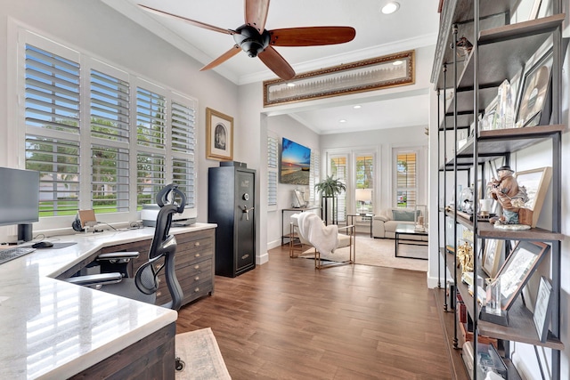 office area featuring crown molding, dark wood-type flooring, and ceiling fan