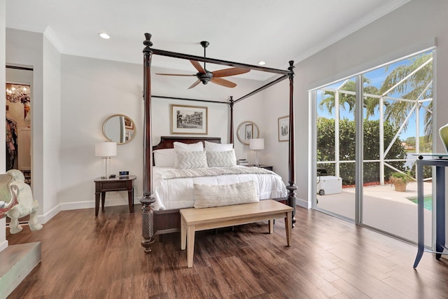 bedroom with ceiling fan, hardwood / wood-style flooring, and access to outside