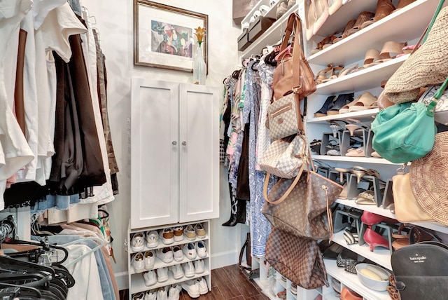 spacious closet with dark hardwood / wood-style flooring