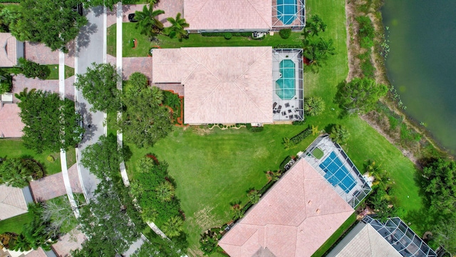 drone / aerial view featuring a water view